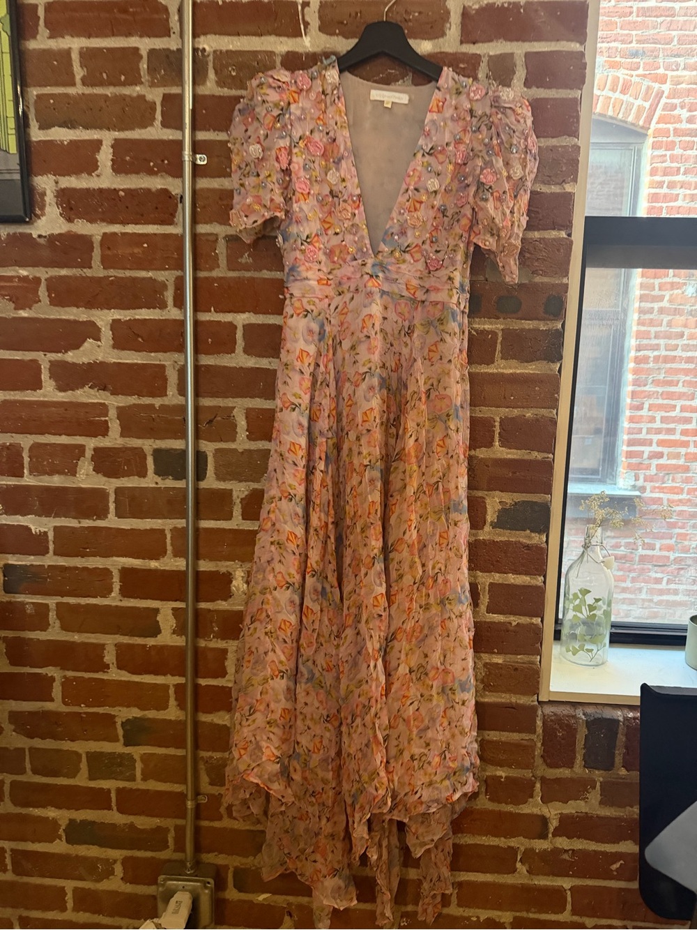LoveShackFancy Floral V-Neck Puff-Sleeve Maxi Dress in Lavender Pink